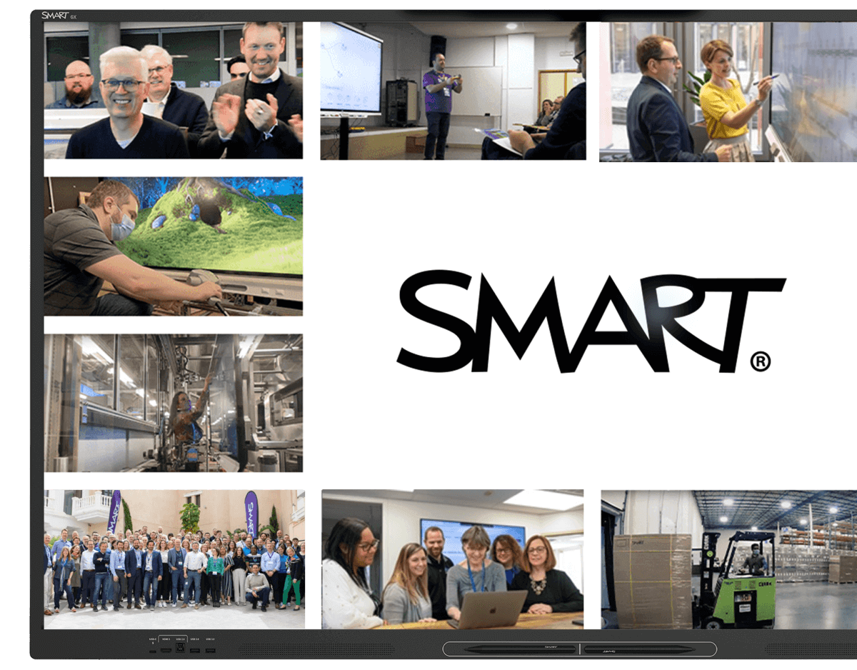 A SMART GX Zero series display showcasing a collage of images that depict diverse people engaging with SMART in different environments, centered around the bold SMART logo.