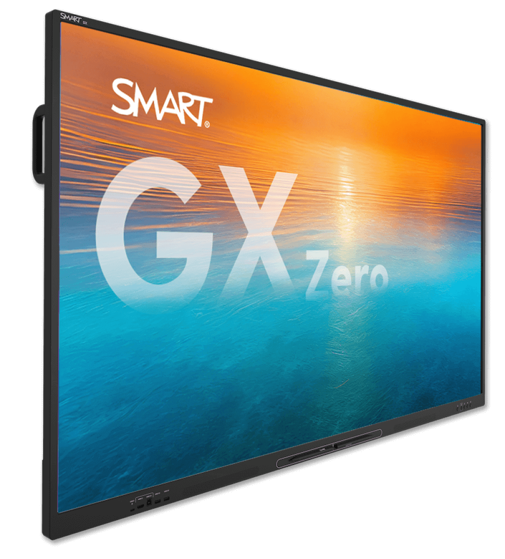 The SMART Board GX Zero series display, paired with a laptop, both showcasing a radiant sunset wallpaper.