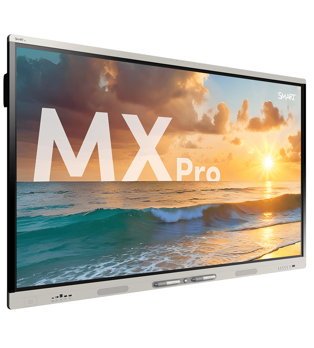 The SMART Board MX Pro V5 display, showing a serene beach sunset scene angled to the left.