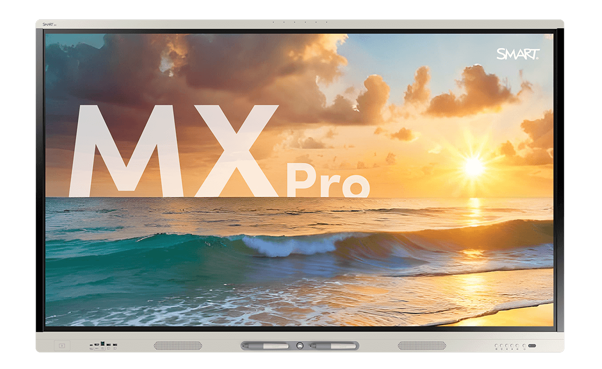 The SMART Board MX Pro V5 display, showing a serene beach sunset scene.