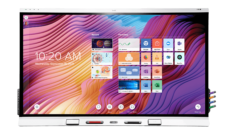 Interactive display of the SMART Board 6000S Series with vibrant interface, showcasing various applications and tools for educational purposes.
