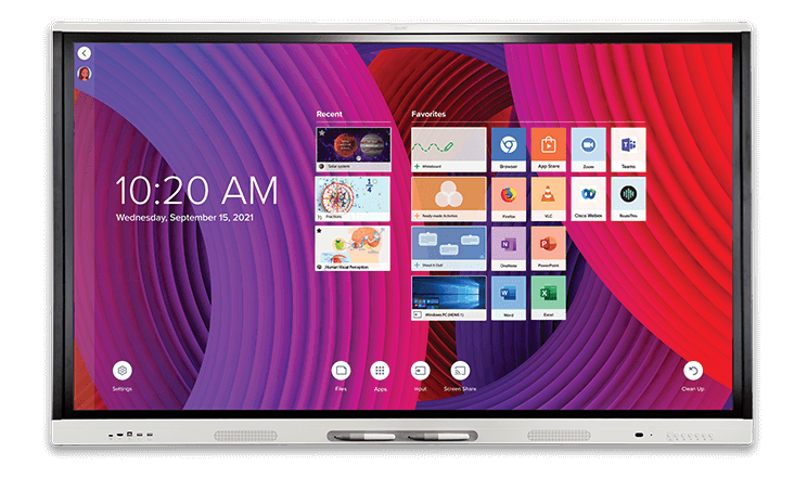 SMART Board MX Series interactive display featuring a colorful interface with accessible educational apps and resources.
