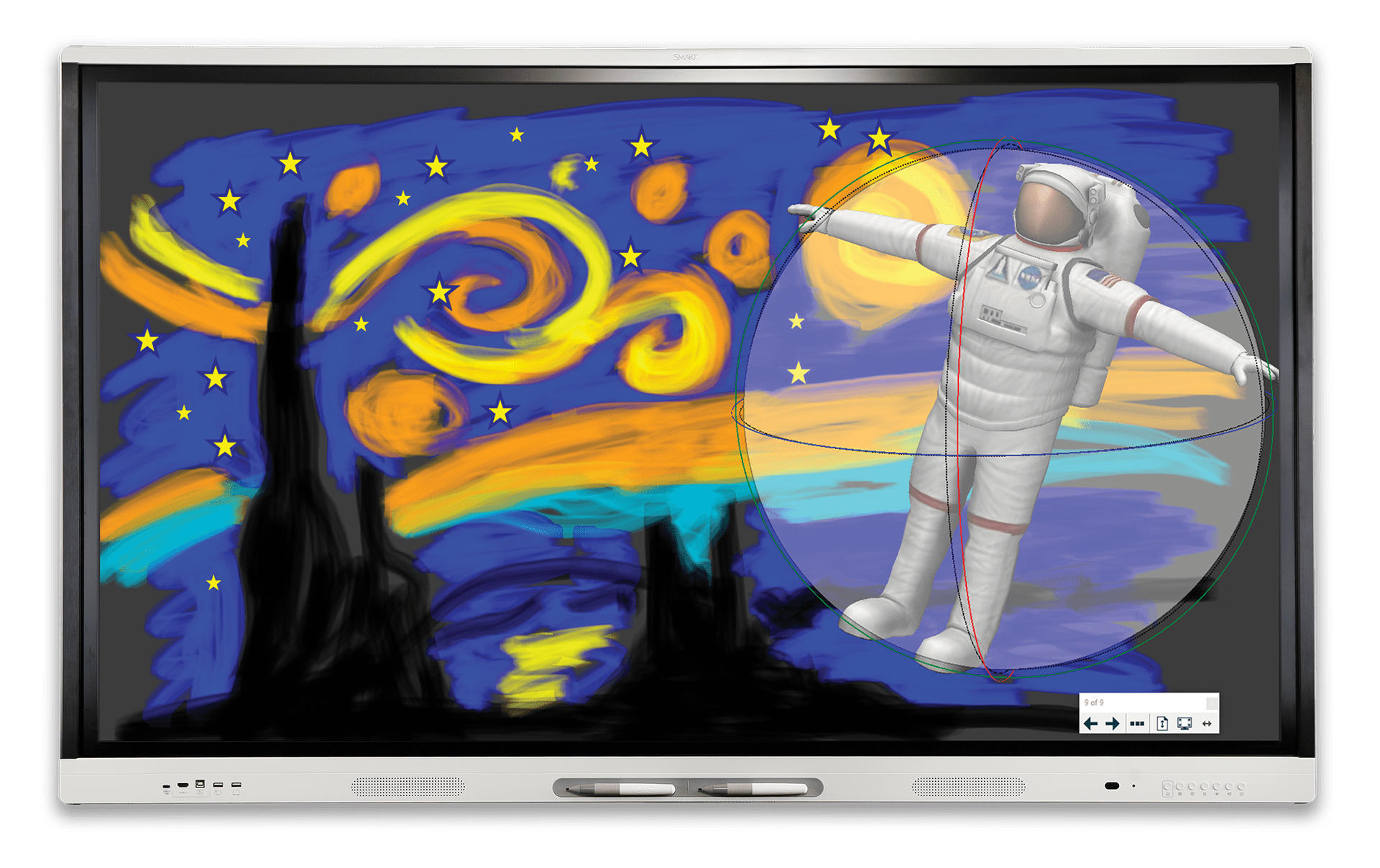 Digital illustration of an astronaut floating in space with stars and swirls on an interactive SMART Board.