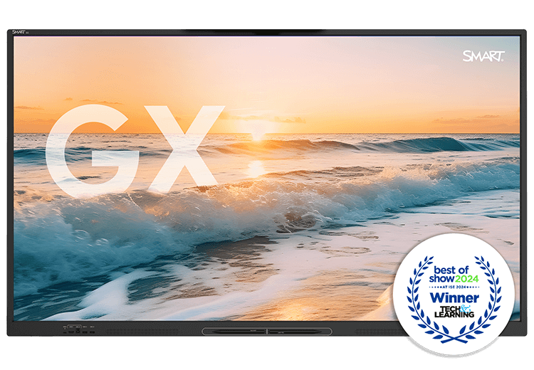 The GX-V3 display showcasing a stunning beach sunset, with the large letters 'GX' superimposed on the image. In the corner, a 'Best of Show 2024' award badge from Tech & Learning at the ISE event signifies the product's achievement.