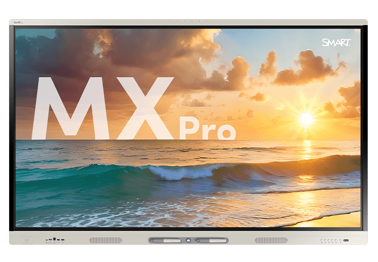 The SMART Board MX Pro display, showing a serene beach sunset scene.
