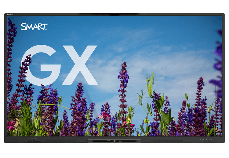 A SMART Board GX series display presents a clear blue sky over a field of purple flowers.