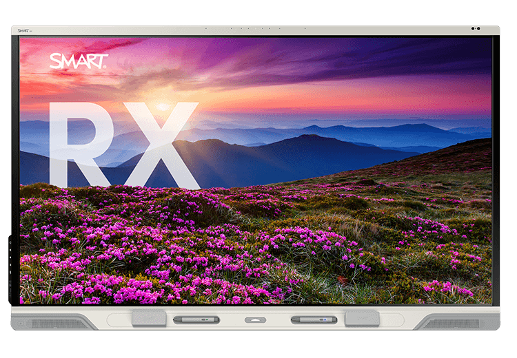 The SMART Board RX series interactive display features a stunning mountain landscape at sunset.
