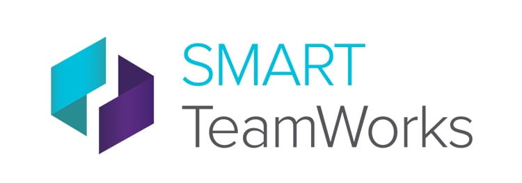 Logo of SMART TeamWorks showing an abstract geometric figure representing collaboration in teal and purple, with the text 'SMART TeamWorks'.